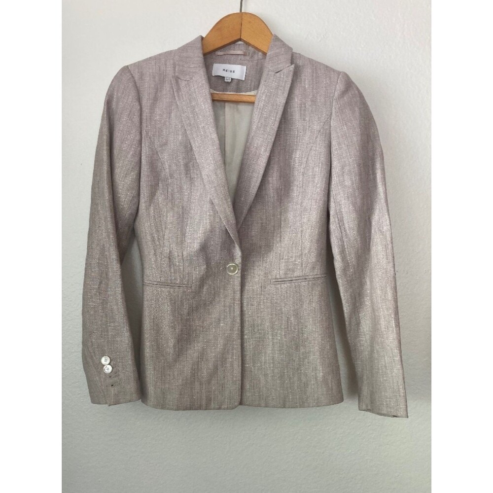 Reiss Linen Wool One-Button Blazer Suit Jacket Beige US 4/UK 8 Office Career